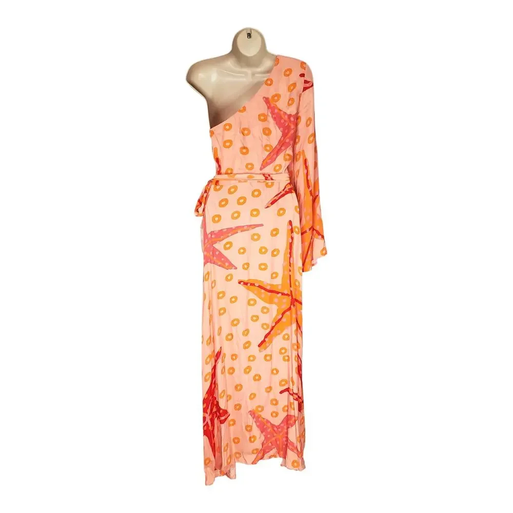 Farm Rio Anthropologie One Shoulder Starfish Maxi Dress Orange Pink Size Large - Picture 4 of 11